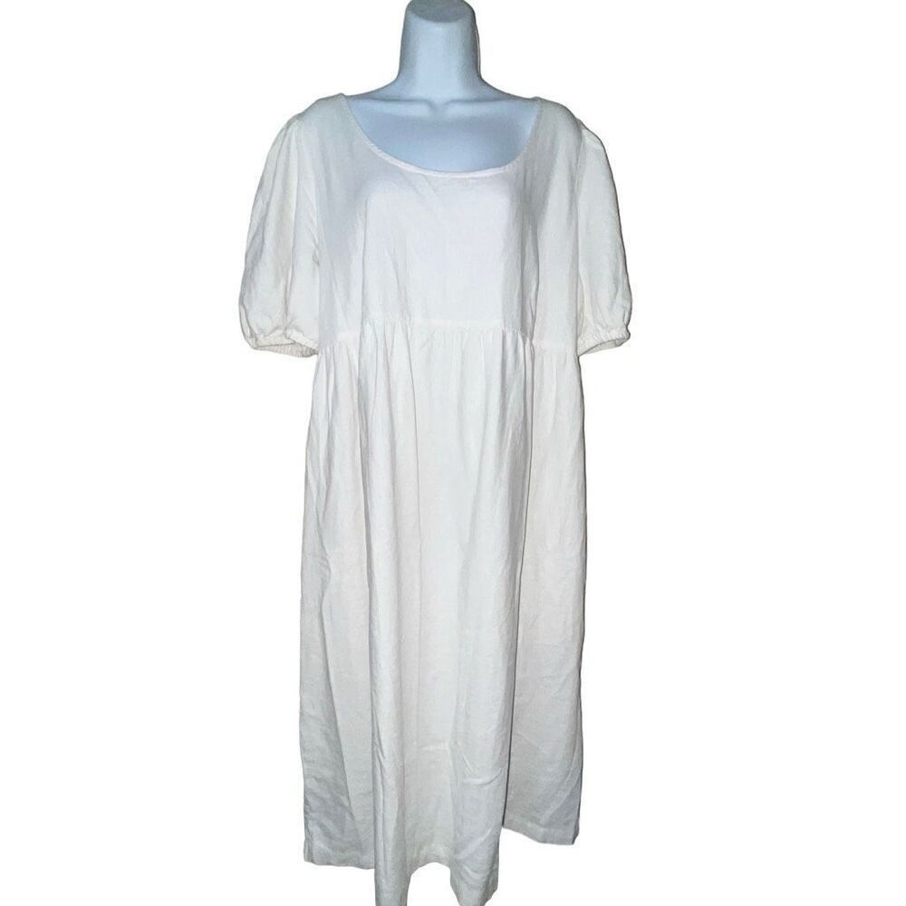 Isabel Women's Maternity Dress Sz Medium White Linen Rayon Puff Sleeves Tie Back